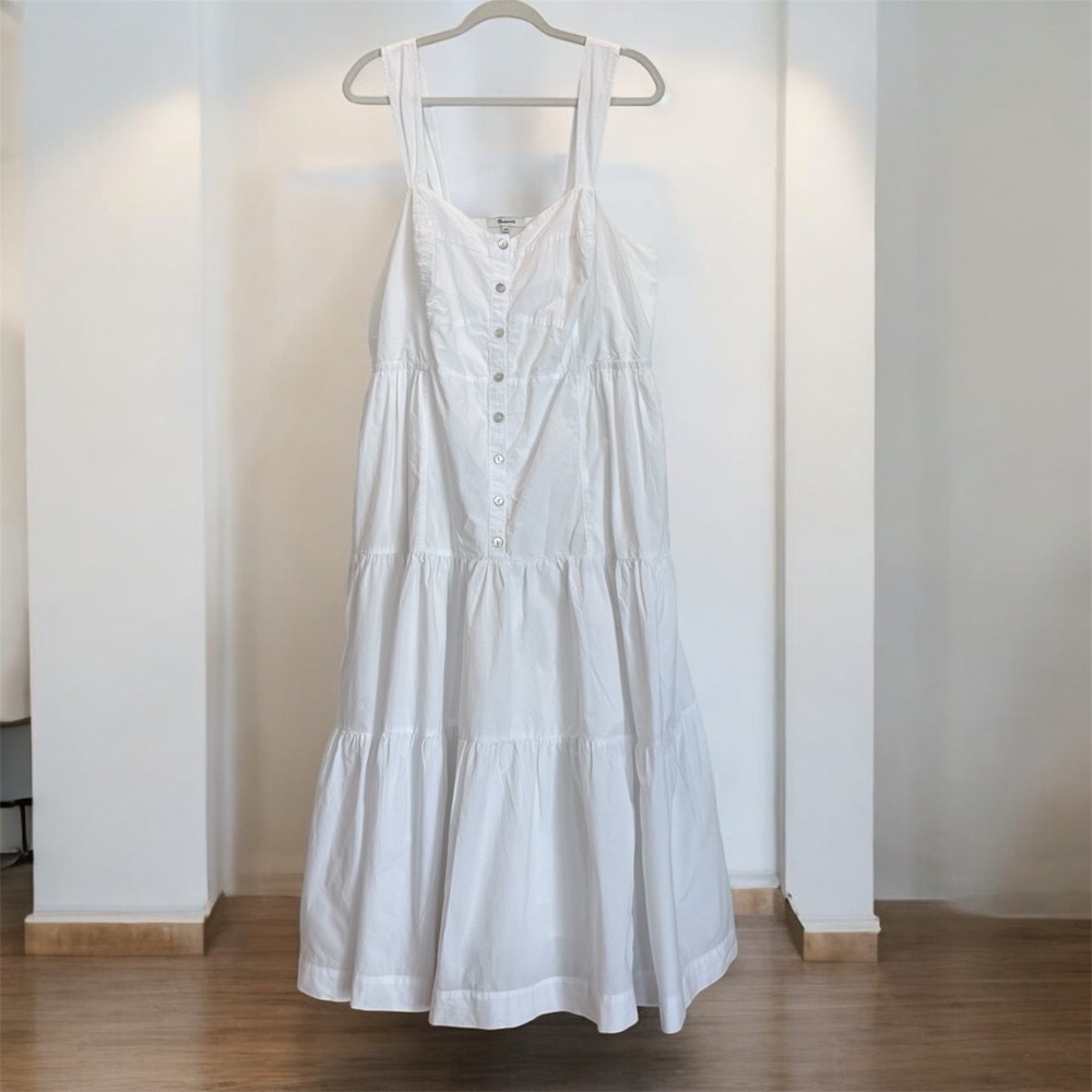 Retail $128 Madewell Button-Front Tiered Midi Dress White Cotton Poplin Sz 14W